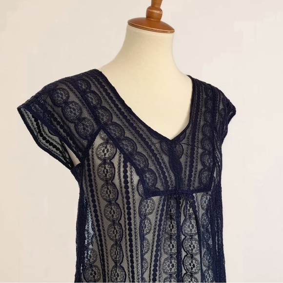 Fossil Navy Blue Sheer Lace Cap Sleeve Pullover - Picture 3 of 7